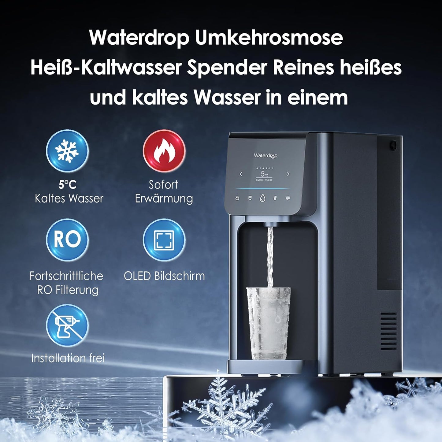 Waterdrop A1 Auftisch Umkehrosmoseanlage mit 6 Temperaturstufen (5-95°C) Mobil ohne Wasseranschluss, 7-Stufige Filterung, TDS Reduzieren, Kalkfreies Trinkwasser zum Kaffee&Tee&Kochen, Touch Display