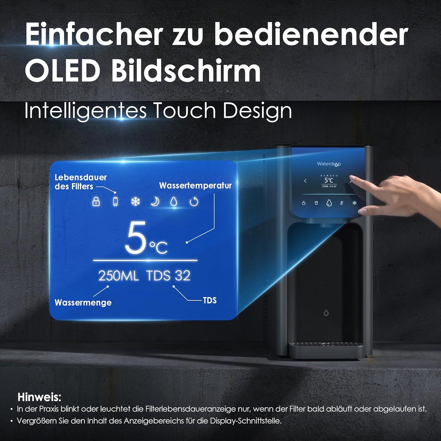 Waterdrop A1 Auftisch Umkehrosmoseanlage mit 6 Temperaturstufen (5-95°C) Mobil ohne Wasseranschluss, 7-Stufige Filterung, TDS Reduzieren, Kalkfreies Trinkwasser zum Kaffee&Tee&Kochen, Touch Display