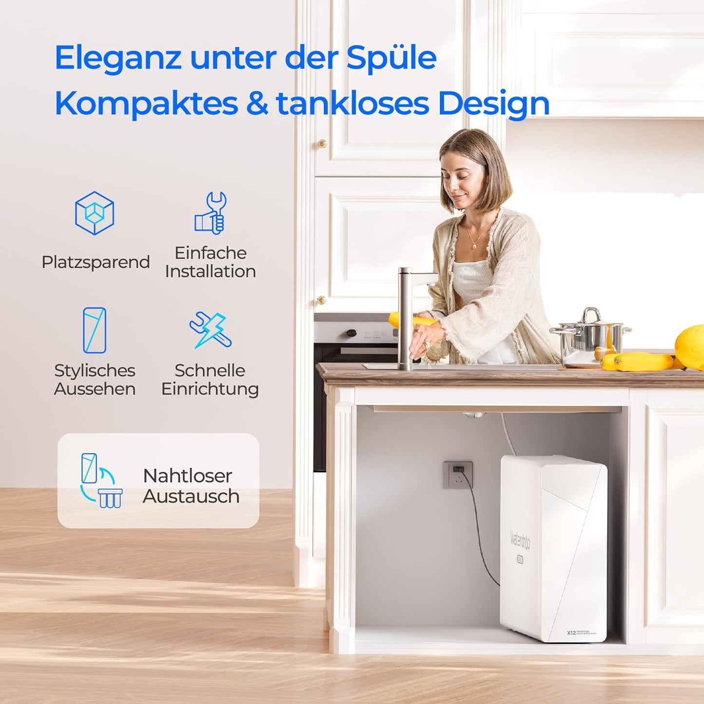 Waterdrop X12 Alkalisches Mineral pH+ Umkehrosmoseanlage, NSF/ANSI 58&372 Zertifiziert, 1200 GPD Schneller Durchfluss, 11-stufige Filtration Tanklos, 3:1 Rein zum Abfluss, Untertisch, BPA Frei