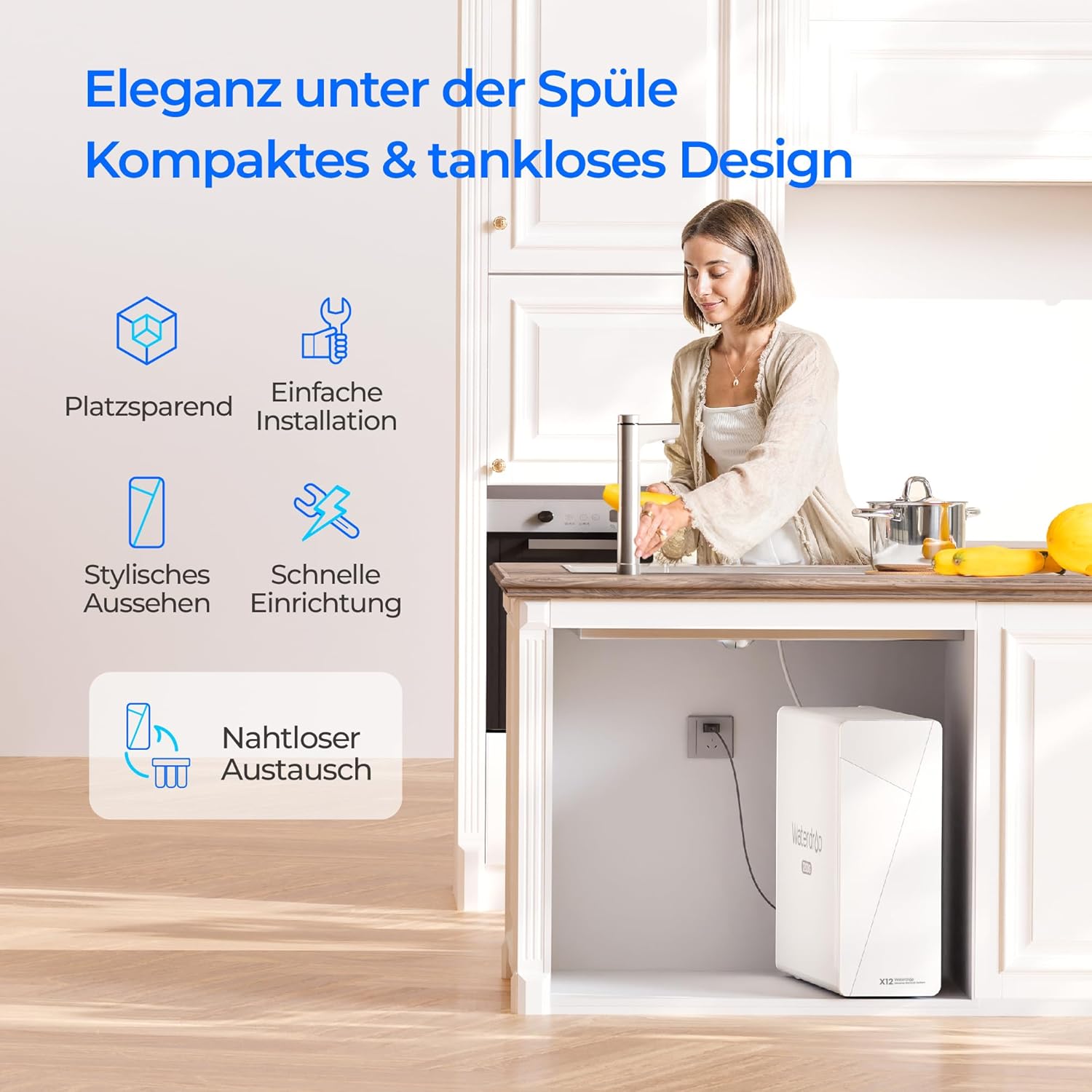 Waterdrop X12 Alkalisches Mineral pH+ Umkehrosmoseanlage, NSF/ANSI 58&372 Zertifiziert, 1200 GPD Schneller Durchfluss, 11-stufige Filtration Tanklos, 3:1 Rein zum Abfluss, Untertisch, BPA Frei