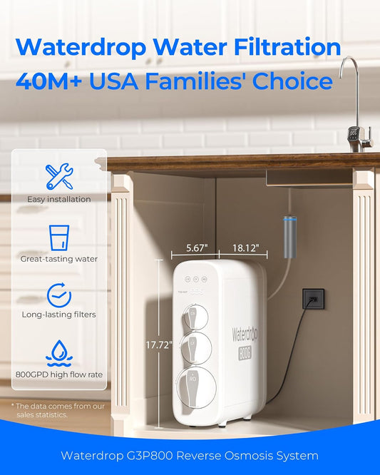 Waterdrop Reverse Osmosis System, 800 GPD, TDS Reduction, No More Calcified Kitchen Appliances, 3:1 Pure-to-Drain, RO without Tank, Reverse Osmosis Water Filter System, LED Intelligent Tap
