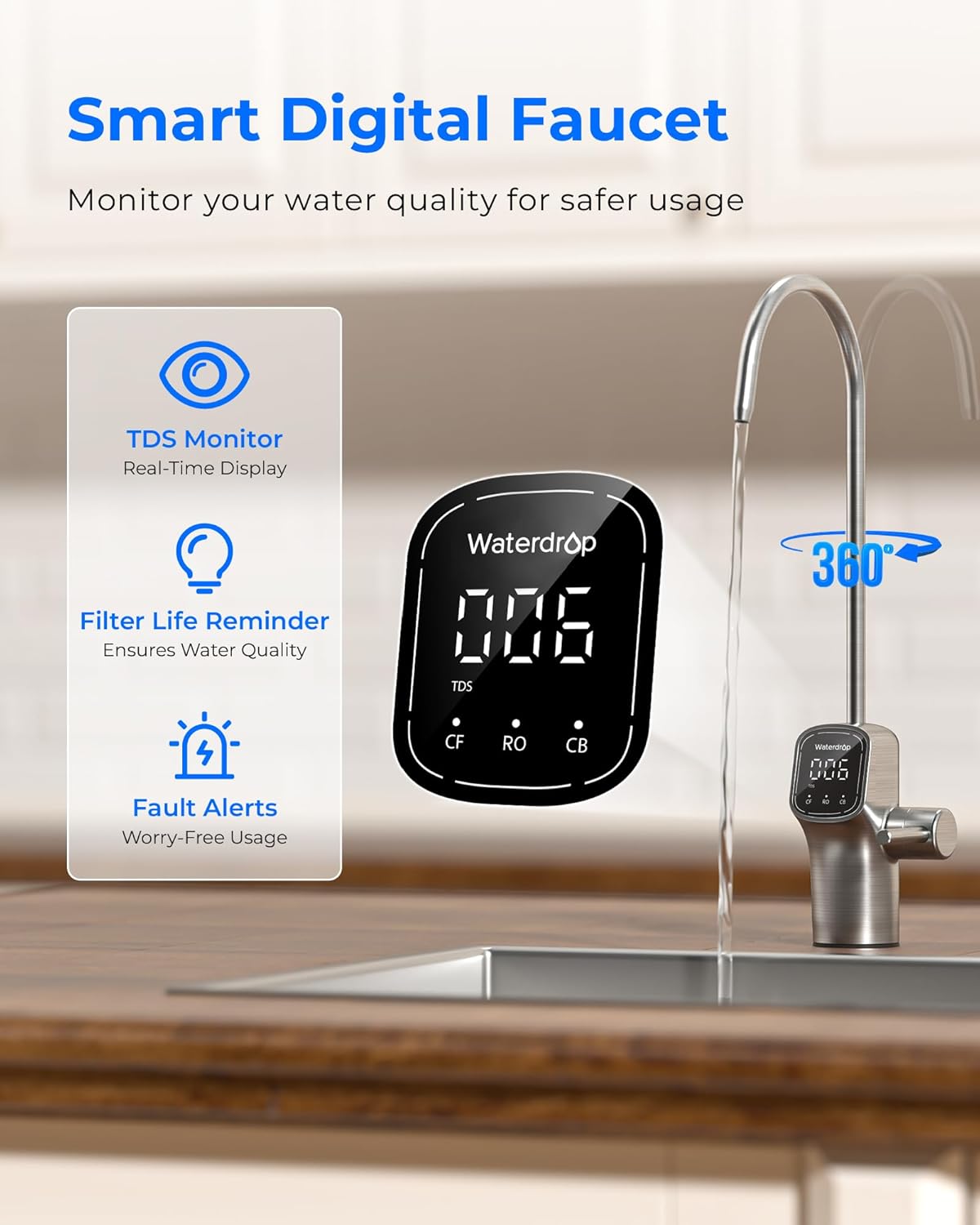 Waterdrop Reverse Osmosis System, 800 GPD, TDS Reduction, No More Calcified Kitchen Appliances, 3:1 Pure-to-Drain, RO without Tank, Reverse Osmosis Water Filter System, LED Intelligent Tap