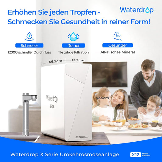Waterdrop X12 Alkalisches Mineral pH+ Umkehrosmoseanlage, NSF/ANSI 58&372 Zertifiziert, 1200 GPD Schneller Durchfluss, 11-stufige Filtration Tanklos, 3:1 Rein zum Abfluss, Untertisch, BPA Frei