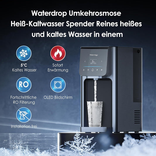 Waterdrop A1 Auftisch Umkehrosmoseanlage mit 6 Temperaturstufen (5-95°C) Mobil ohne Wasseranschluss, 7-Stufige Filterung, TDS Reduzieren, Kalkfreies Trinkwasser zum Kaffee&Tee&Kochen, Touch Display