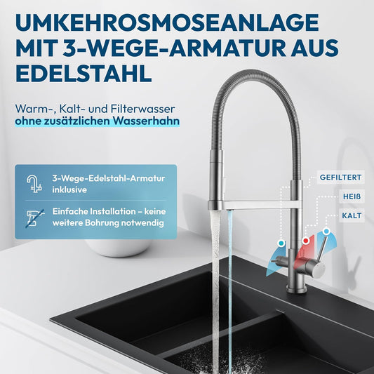 aora GT600 Reverse Osmosis System + 3-Way Stainless Steel Fitting Without Drilling - Osmosis Water Filter with 8 Stage Filtration & Filter Change in 3 Seconds - Under-Desk Osmosis System + Tankless RO